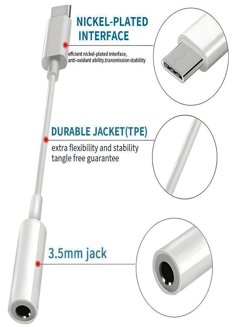 كابل محول صوت من USB Type-C إلى منفذ سماعة 3.5 ملم (AUX)، وصلة تدعم الميكروفون والمكالمات والتحكم في الصوت للهواتف الذكية والأجهزة اللوحية والسيارة - لون أبيض - Image 2